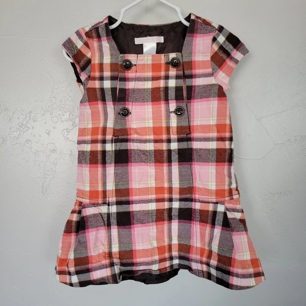 Janie and Jack Plaid Dress Baby Girl 12-18 Months Pink Orange Brown White Stripe